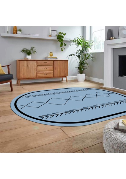 Dijital Kaymaz Yıkanabilir Oval Iskandinav Desen Yolluk Salon Halısı, V-O-Iskandinav-01-Mavi,