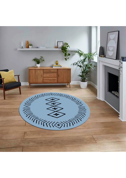 Dijital Kaymaz Yıkanabilir Yuvarlak Iskandinav Desen Salon Halısı, V-Y-Iskandinav-03-Mavi,