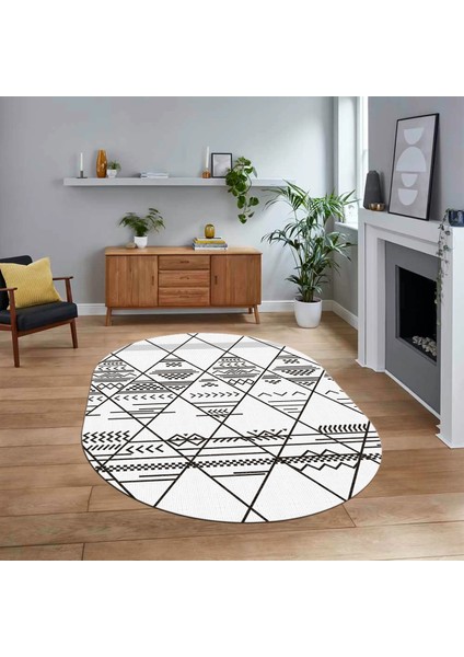 Dijital Kaymaz Yıkanabilir Oval Iskandinav Desen Yolluk Salon Halısı, V-O-Iskandinav-20-Beyaz,