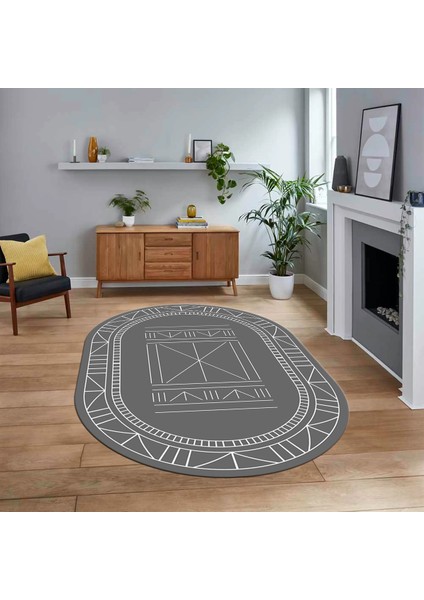 Dijital Kaymaz Yıkanabilir Oval Iskandinav Desen Yolluk Salon Halısı, V-O-Iskandinav-09-Gri,