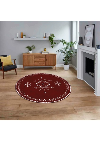 Dijital Kaymaz Yıkanabilir Yuvarlak Iskandinav Desen Salon Halısı, V-Y-Iskandinav-08-Bordo,