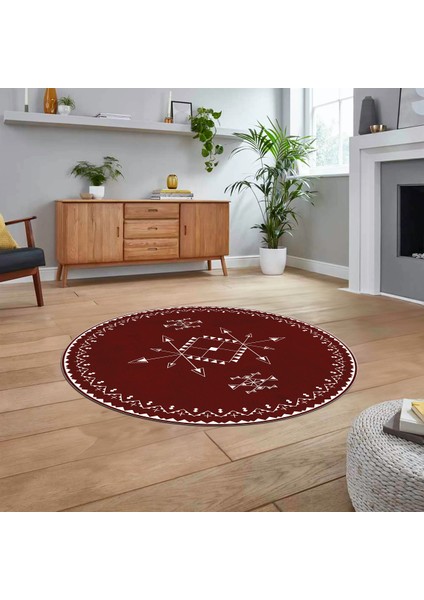 Dijital Kaymaz Yıkanabilir Yuvarlak Iskandinav Desen Salon Halısı, V-Y-Iskandinav-08-Bordo,