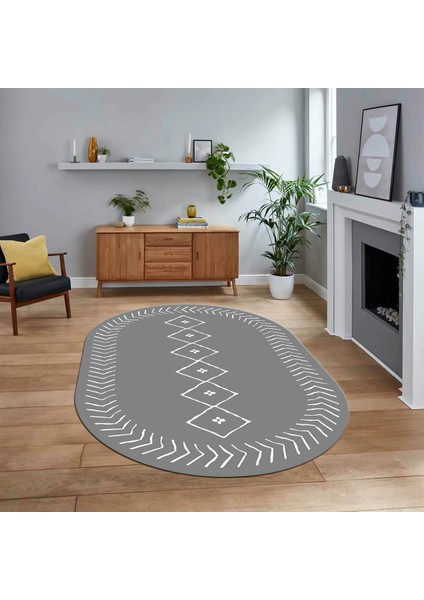 Dijital Kaymaz Yıkanabilir Oval Iskandinav Desen Yolluk Salon Halısı, V-O-Iskandinav-02-Gri,