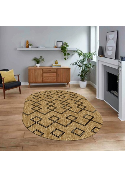 Dijital Kaymaz Yıkanabilir Oval Iskandinav Desen Yolluk Salon Halısı, V-O-Iskandinav-05-Kahve,