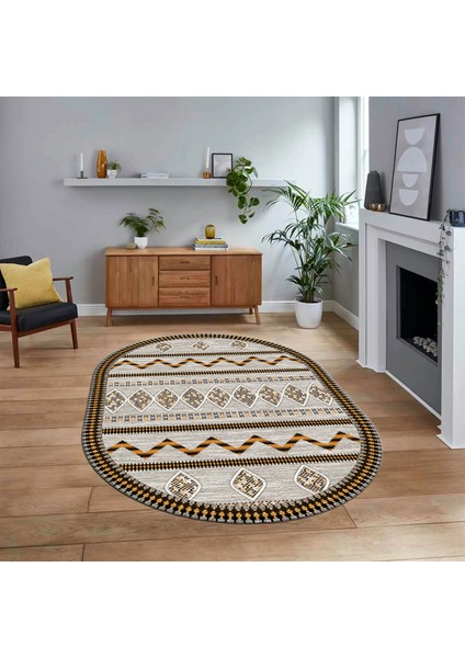 Dijital Kaymaz Yıkanabilir Oval Iskandinav Desen Yolluk Salon Halısı, V-O-Iskandinav-27-Kahve,