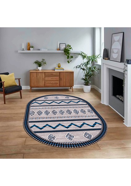 Dijital Kaymaz Yıkanabilir Oval Iskandinav Desen Yolluk Salon Halısı, V-O-Iskandinav-27-Mavi,