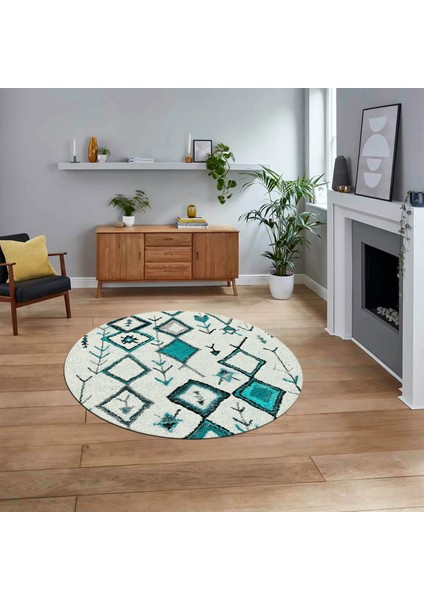 Dijital Kaymaz Yıkanabilir Yuvarlak Iskandinav Desen Salon Halısı, V-Y-Iskandinav-14-Turkuaz,