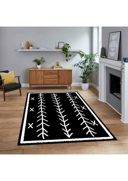 Dijital Baskılı Kaymaz Yıkanabilir Iskandinav Desen Yolluk Salon Halısı, V-Iskandinav-07-Siyah,
