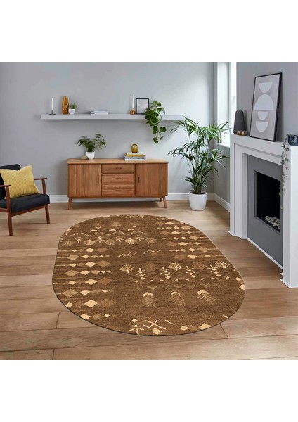 Dijital Kaymaz Yıkanabilir Oval Iskandinav Desen Yolluk Salon Halısı, V-O-Iskandinav-24-Kahve,