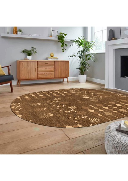 Dijital Kaymaz Yıkanabilir Oval Iskandinav Desen Yolluk Salon Halısı, V-O-Iskandinav-24-Kahve,
