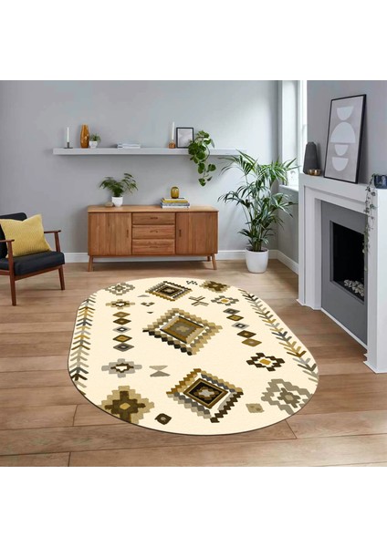 Dijital Kaymaz Yıkanabilir Oval Iskandinav Desen Yolluk Salon Halısı, V-O-Iskandinav-15-Bej,