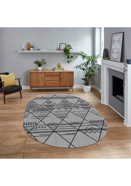 Dijital Kaymaz Yıkanabilir Oval Iskandinav Desen Yolluk Salon Halısı, V-O-Iskandinav-20-Gri,