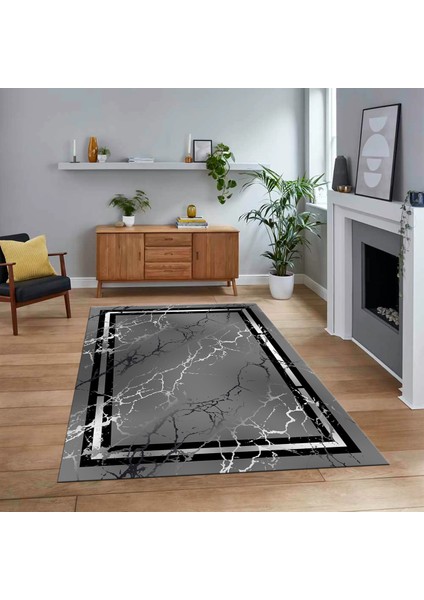 Dijital Baskılı Kaymaz Taban Yıkanabilir Mermer Desen Mutfak Salon Halısı, V-Mermer-08-Antrasit,