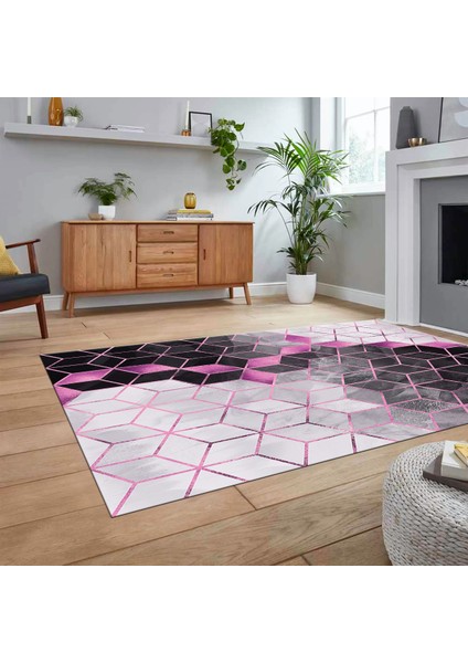 Dijital Baskılı Kaymaz Taban Yıkanabilir Mermer Desen Mutfak Salon Halısı, V-Mermer-19-Pembe,