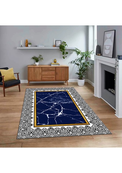 Dijital Baskılı Kaymaz Taban Yıkanabilir Mermer Desen Mutfak Salon Halısı, V-Mermer-10-Lacivert,