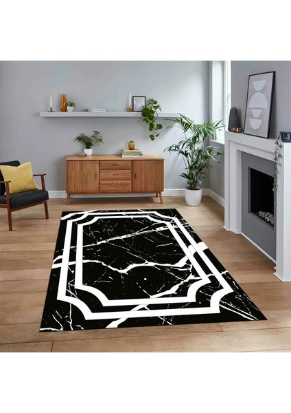 Dijital Baskılı Kaymaz Taban Yıkanabilir Mermer Desen Mutfak Salon Halısı, V-Mermer-22-Siyah,