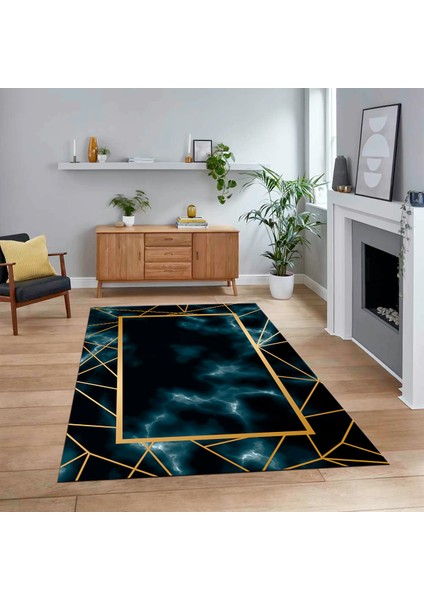 Dijital Baskılı Kaymaz Taban Yıkanabilir Mermer Desen Mutfak Salon Halısı, V-Mermer-24-Mavi,