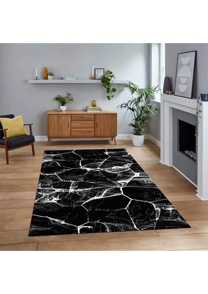Dijital Baskılı Kaymaz Taban Yıkanabilir Mermer Desen Mutfak Salon Halısı, V-Mermer-01-Siyah,