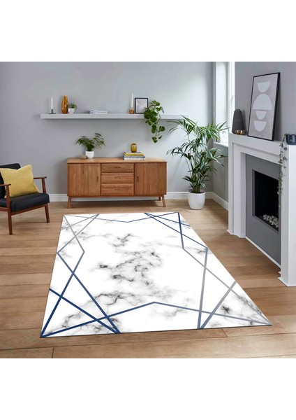 Dijital Baskılı Kaymaz Taban Yıkanabilir Mermer Desen Mutfak Salon Halısı, V-Mermer-15-Mavi,