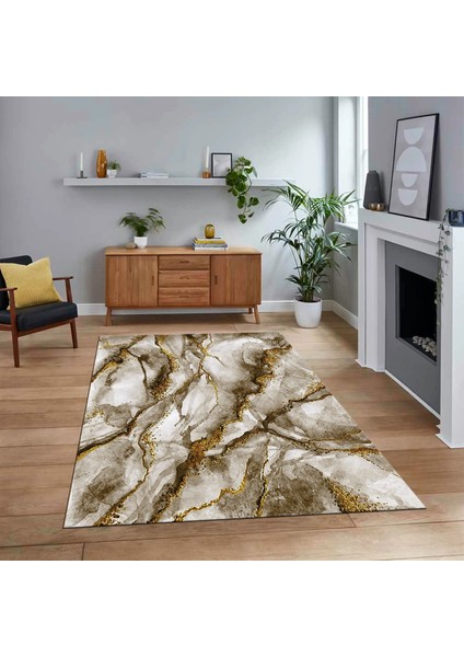 Dijital Baskılı Kaymaz Taban Yıkanabilir Mermer Desen Mutfak Salon Halısı, V-Mermer-02-Kahve,