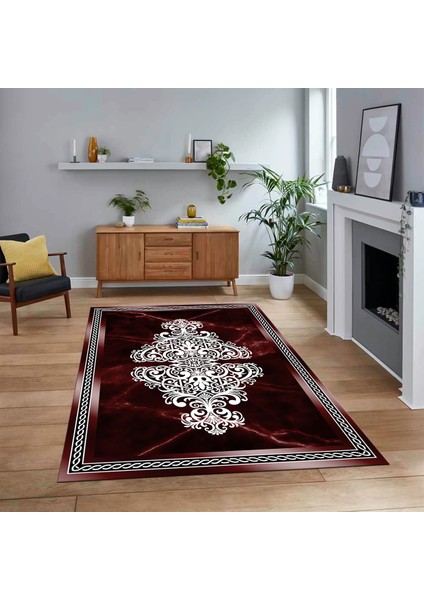 Dijital Baskılı Kaymaz Taban Yıkanabilir Mermer Desen Mutfak Salon Halısı, V-Mermer-09-Bordo,