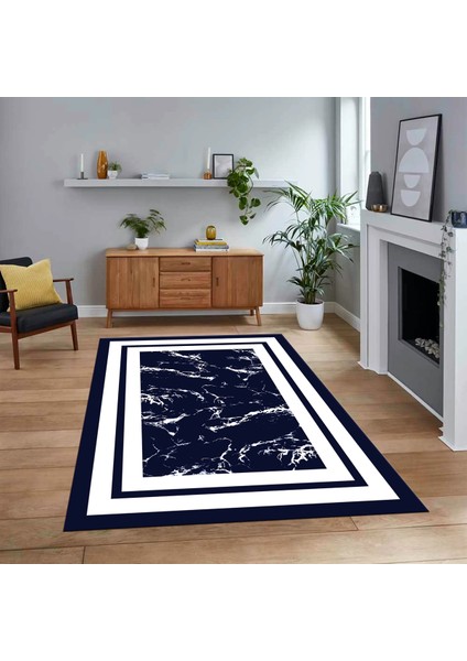 Dijital Baskılı Kaymaz Taban Yıkanabilir Mermer Desen Mutfak Salon Halısı, V-Mermer-06-Lacivert,