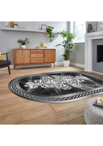 Dijital Kaymaz Taban Yıkanabilir Oval Mermer Desen Mutfak Salon Halısı, V-O-Mermer-09-Antrasit,