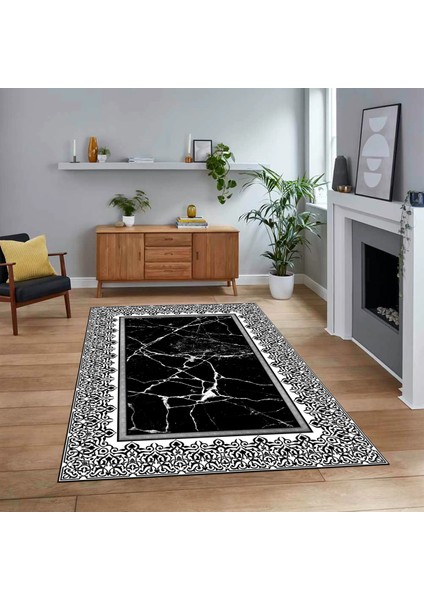 Dijital Baskılı Kaymaz Taban Yıkanabilir Mermer Desen Mutfak Salon Halısı, V-Mermer-10-Siyah,