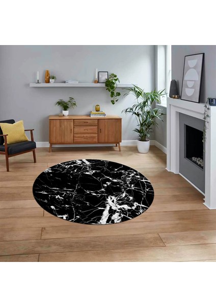 Dijital Kaymaz Taban Yıkanabilir Yuvarlak Mermer Desen Mutfak Salon Halısı, V-Y-Mermer-27-Siyah,