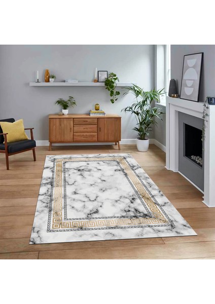 Dijital Baskılı Kaymaz Taban Yıkanabilir Mermer Desen Mutfak Salon Halısı, V-Mermer-14-Gold,