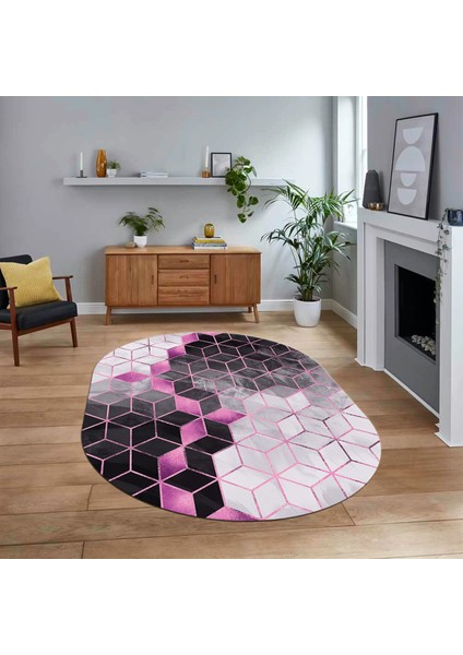 Dijital Kaymaz Taban Yıkanabilir Oval Mermer Desen Mutfak Salon Halısı, V-O-Mermer-19-Pembe,