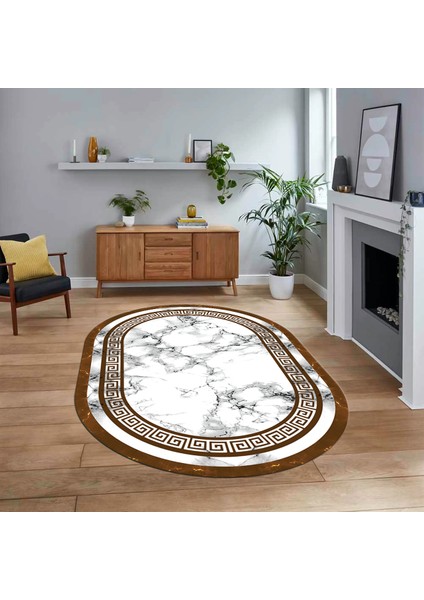 Dijital Kaymaz Taban Yıkanabilir Oval Mermer Desen Mutfak Salon Halısı, V-O-Mermer-21-Kahve,