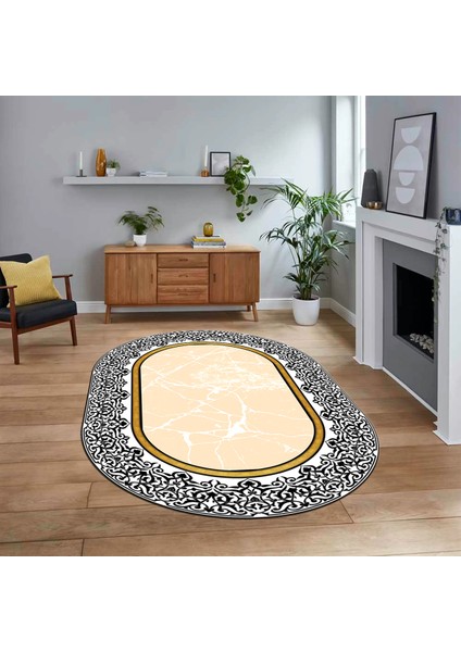 Dijital Kaymaz Taban Yıkanabilir Oval Mermer Desen Mutfak Salon Halısı, V-O-Mermer-10-Krem,