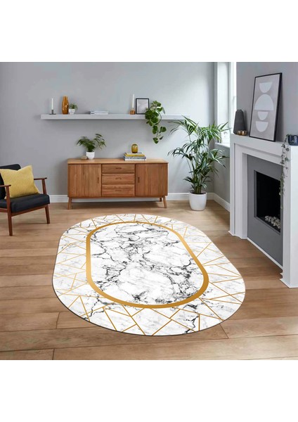 Dijital Kaymaz Taban Yıkanabilir Oval Mermer Desen Mutfak Salon Halısı, V-O-Mermer-11-Gold,