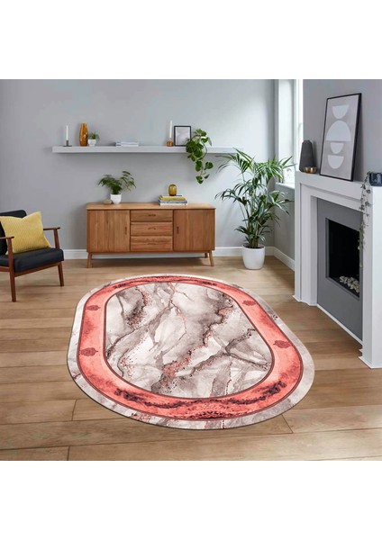 Dijital Kaymaz Taban Yıkanabilir Oval Mermer Desen Mutfak Salon Halısı, V-O-Mermer-03-Pembe,