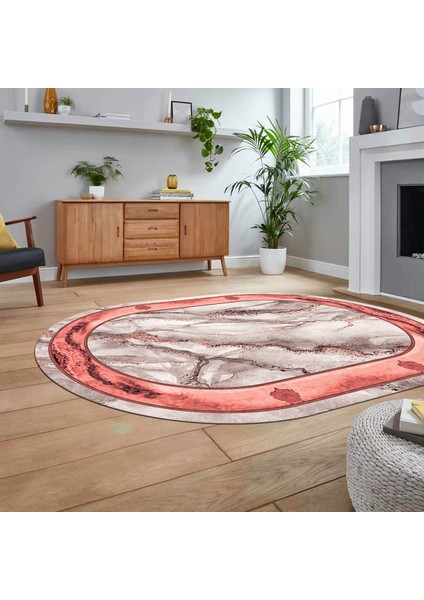 Dijital Kaymaz Taban Yıkanabilir Oval Mermer Desen Mutfak Salon Halısı, V-O-Mermer-03-Pembe,