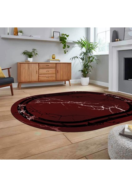 Dijital Kaymaz Taban Yıkanabilir Oval Mermer Desen Mutfak Salon Halısı, V-O-Mermer-08-Bordo,