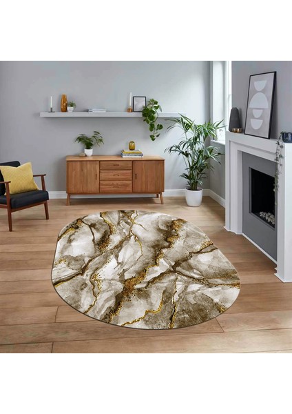 Dijital Kaymaz Taban Yıkanabilir Oval Mermer Desen Mutfak Salon Halısı, V-O-Mermer-02-Kahve,