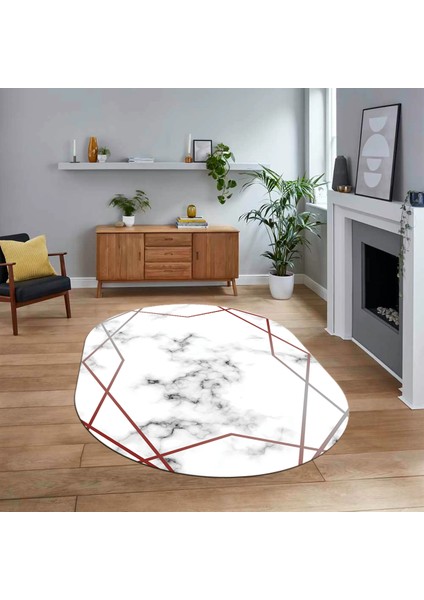 Dijital Kaymaz Taban Yıkanabilir Oval Mermer Desen Mutfak Salon Halısı, V-O-Mermer-15-Bordo,