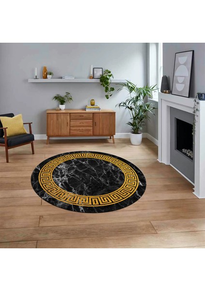 Dijital Kaymaz Taban Yıkanabilir Yuvarlak Mermer Desen Mutfak Salon Halısı, V-Y-Mermer-12-Siyah,