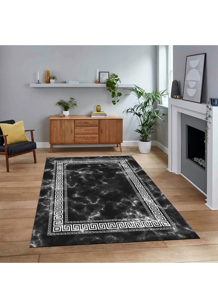 Dijital Baskılı Kaymaz Taban Yıkanabilir Mermer Desen Mutfak Salon Halısı, V-Mermer-14-Antrasit,