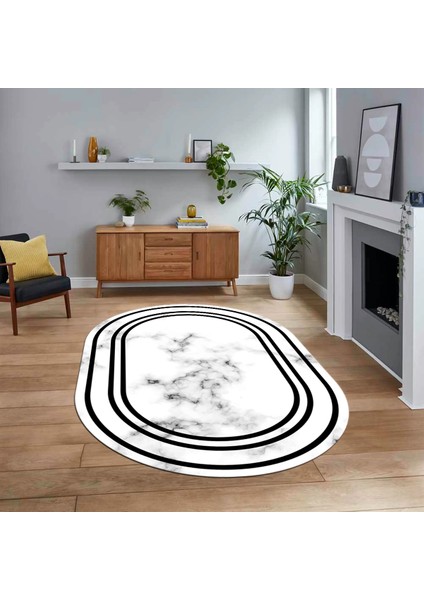 Dijital Kaymaz Taban Yıkanabilir Oval Mermer Desen Mutfak Salon Halısı, V-O-Mermer-05-Siyah,