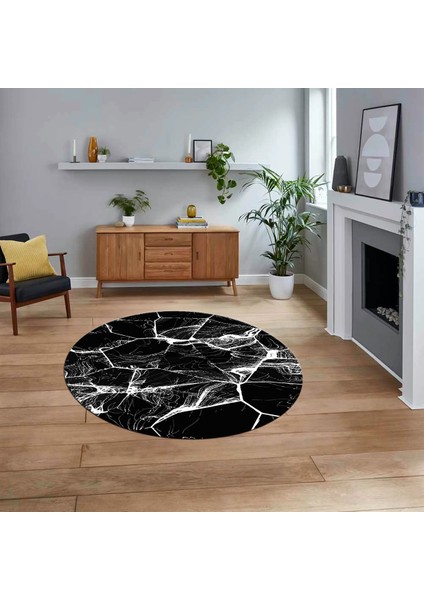 Dijital Kaymaz Taban Yıkanabilir Yuvarlak Mermer Desen Mutfak Salon Halısı, V-Y-Mermer-01-Siyah,