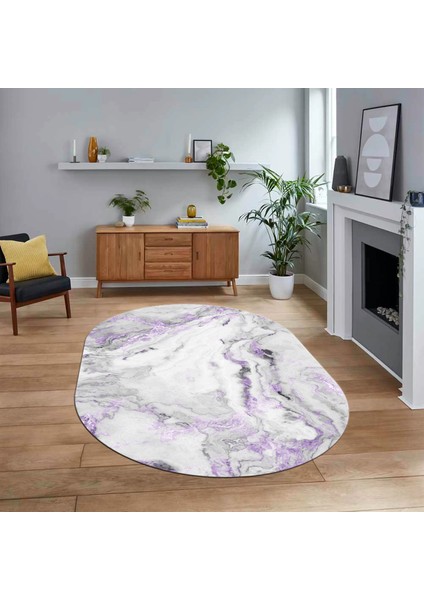 Dijital Kaymaz Taban Yıkanabilir Oval Mermer Desen Mutfak Salon Halısı, V-O-Mermer-26-Mor,