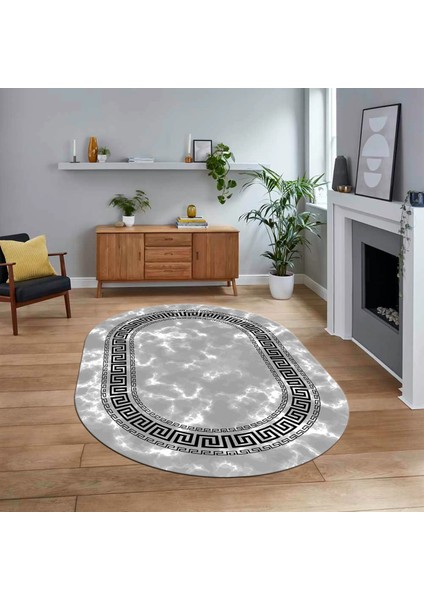 Dijital Kaymaz Taban Yıkanabilir Oval Mermer Desen Mutfak Salon Halısı, V-O-Mermer-14-Gri,