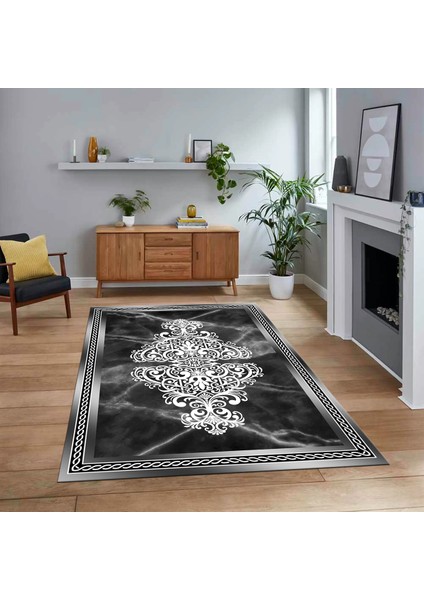 Dijital Baskılı Kaymaz Taban Yıkanabilir Mermer Desen Mutfak Salon Halısı, V-Mermer-09-Antrasit,