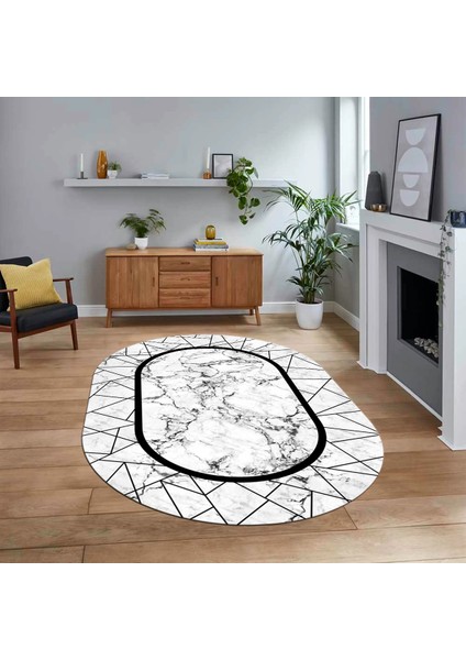 Dijital Kaymaz Taban Yıkanabilir Oval Mermer Desen Mutfak Salon Halısı, V-O-Mermer-11-Siyah,