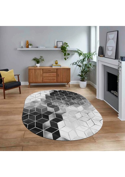 Dijital Kaymaz Taban Yıkanabilir Oval Mermer Desen Mutfak Salon Halısı, V-O-Mermer-19-Gri,