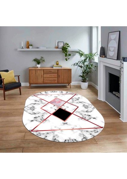 Dijital Kaymaz Taban Yıkanabilir Oval Mermer Desen Mutfak Salon Halısı, V-O-Mermer-20-Bordo,