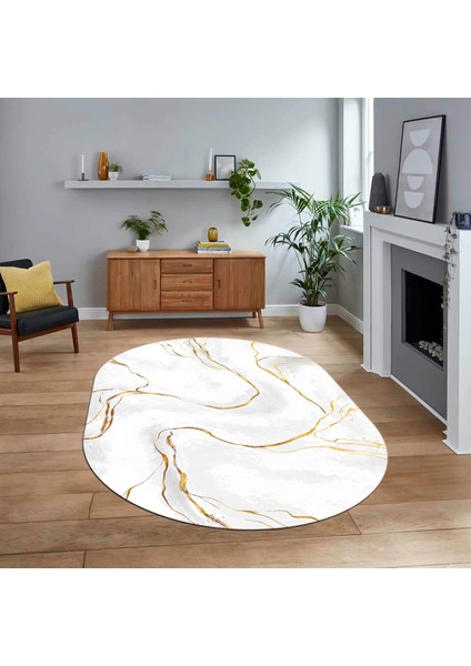 Dijital Kaymaz Taban Yıkanabilir Oval Mermer Desen Mutfak Salon Halısı, V-O-Mermer-29-Beyaz,